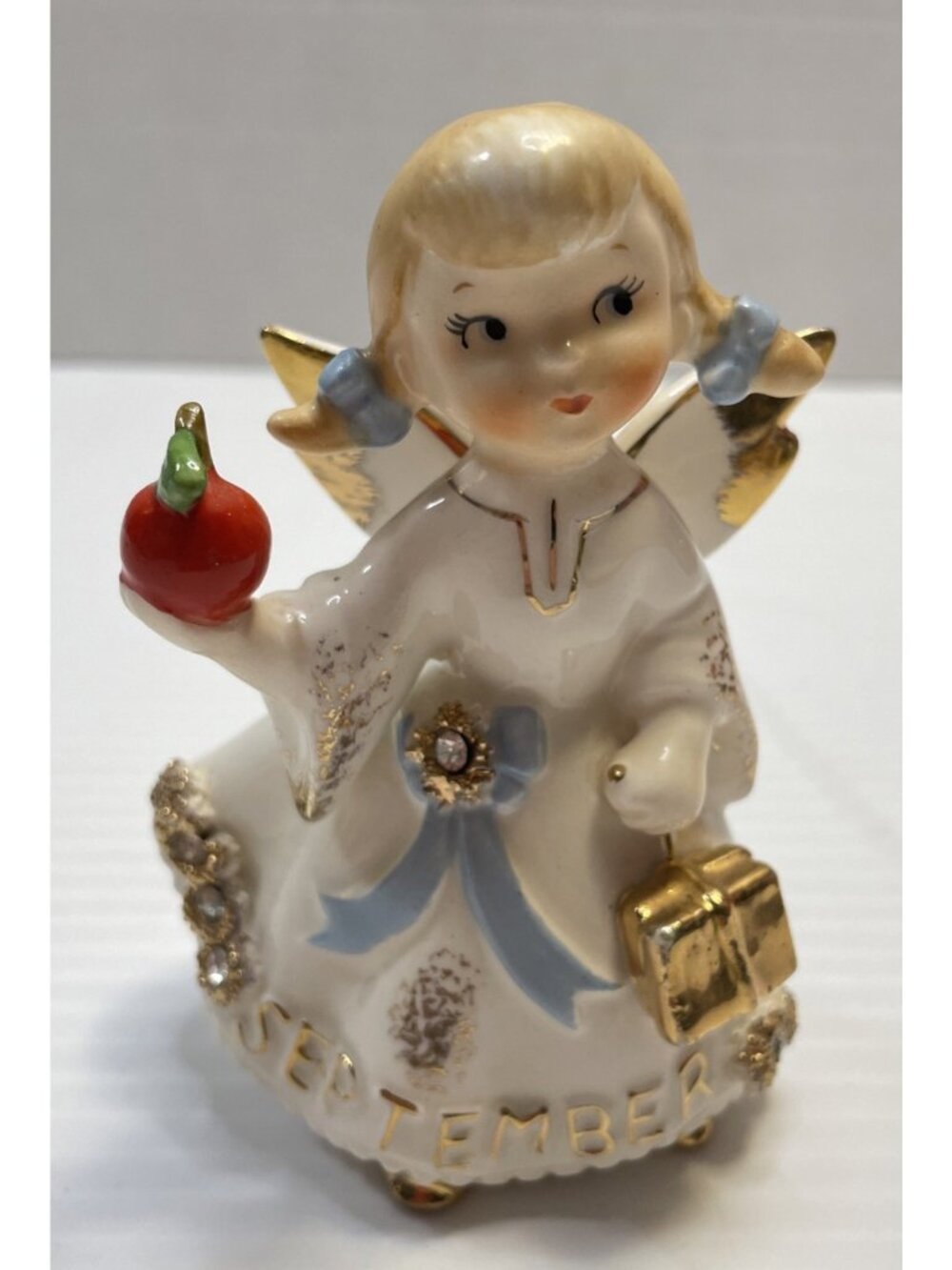 Lefton September Birthday Angel Apple Books Pigtails Rhinestones 1957  1987 -EUC